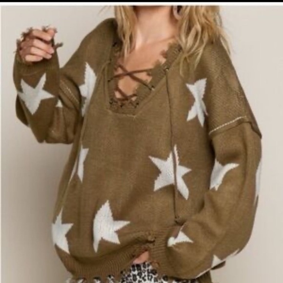 POL Sweaters - POL Star Lace up Distressed V-Neck Brown Sweater